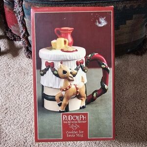 Lenox "Rudolph The Red-Nosed Reindeer" Cookies For Santa porcelain mug with lid.